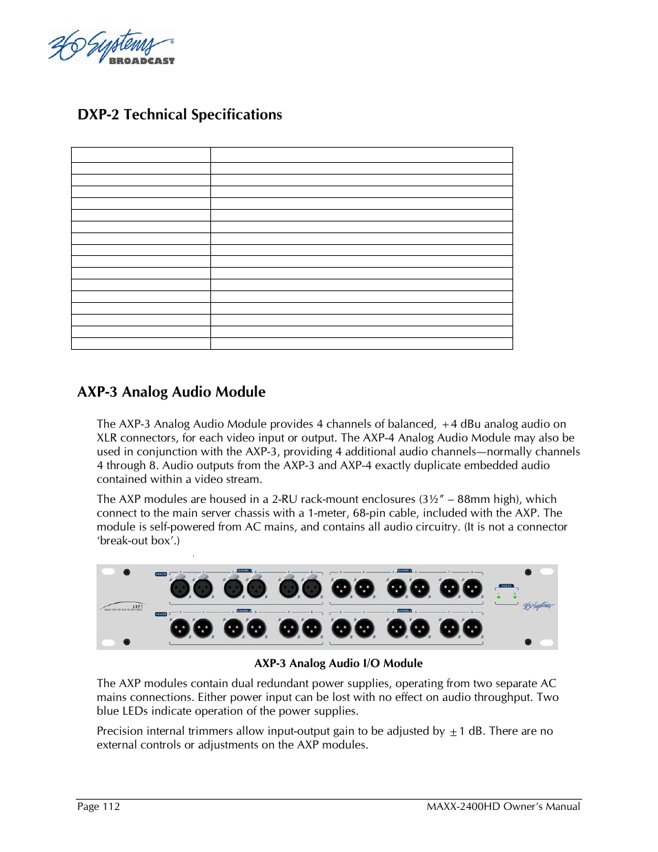 Dxp-2 technical specifications, Axp-3 analog audio module | 360 Systems MAXX2400HD User Manual | Page 113 / 148