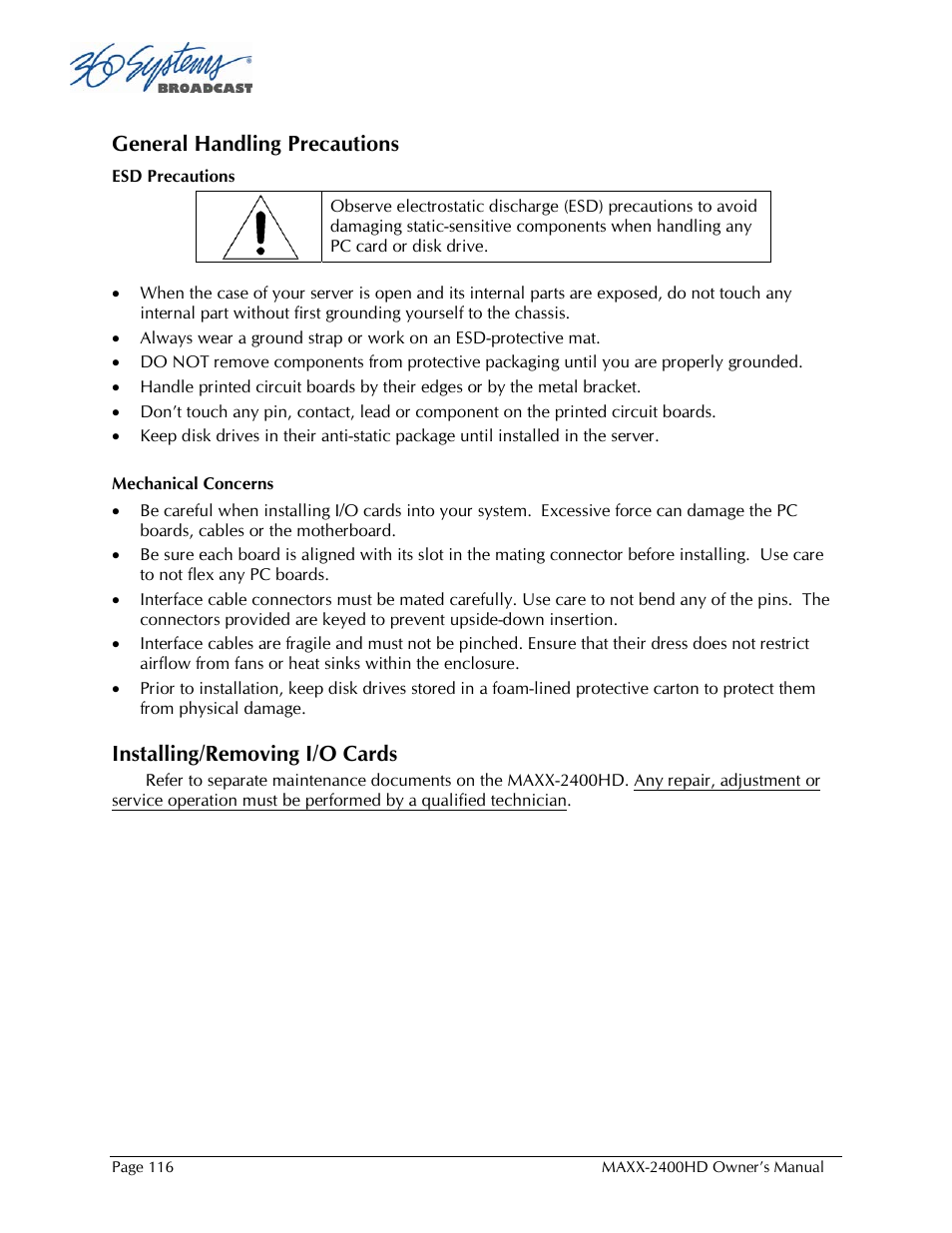 General handling precautions, Installing/removing i/o cards | 360 Systems MAXX2400HD User Manual | Page 117 / 148