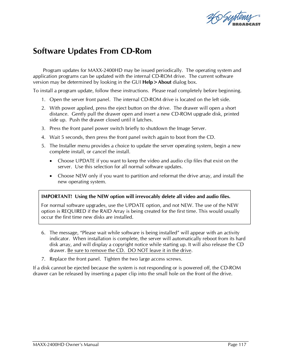 Software updates from cd-rom | 360 Systems MAXX2400HD User Manual | Page 118 / 148