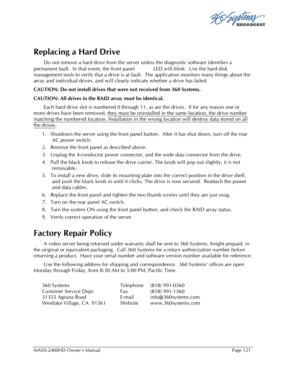 Replacing a hard drive, Factory repair policy | 360 Systems MAXX2400HD User Manual | Page 122 / 148