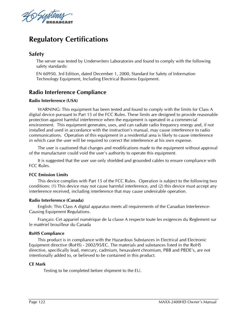 Regulatory certifications | 360 Systems MAXX2400HD User Manual | Page 123 / 148