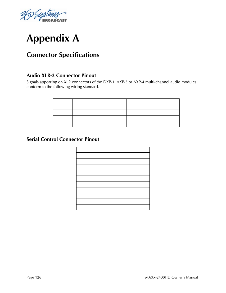 Appendix a, Connector specifications, Audio xlr-3 connector pinout | Serial control connector pinout | 360 Systems MAXX2400HD User Manual | Page 127 / 148