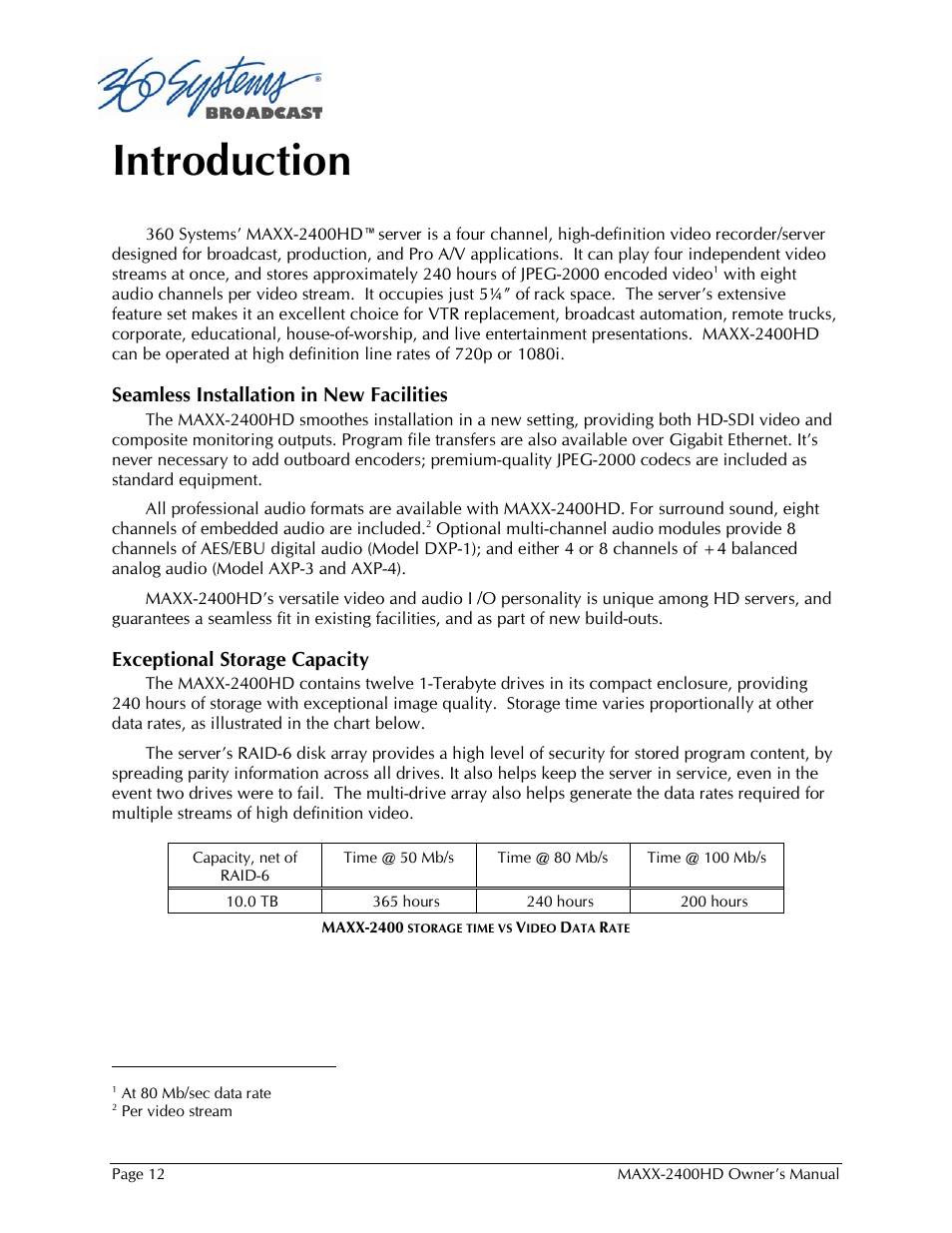 Introduction, Seamless installation in new facilities, Exceptional storage capacity | 360 Systems MAXX2400HD User Manual | Page 13 / 148