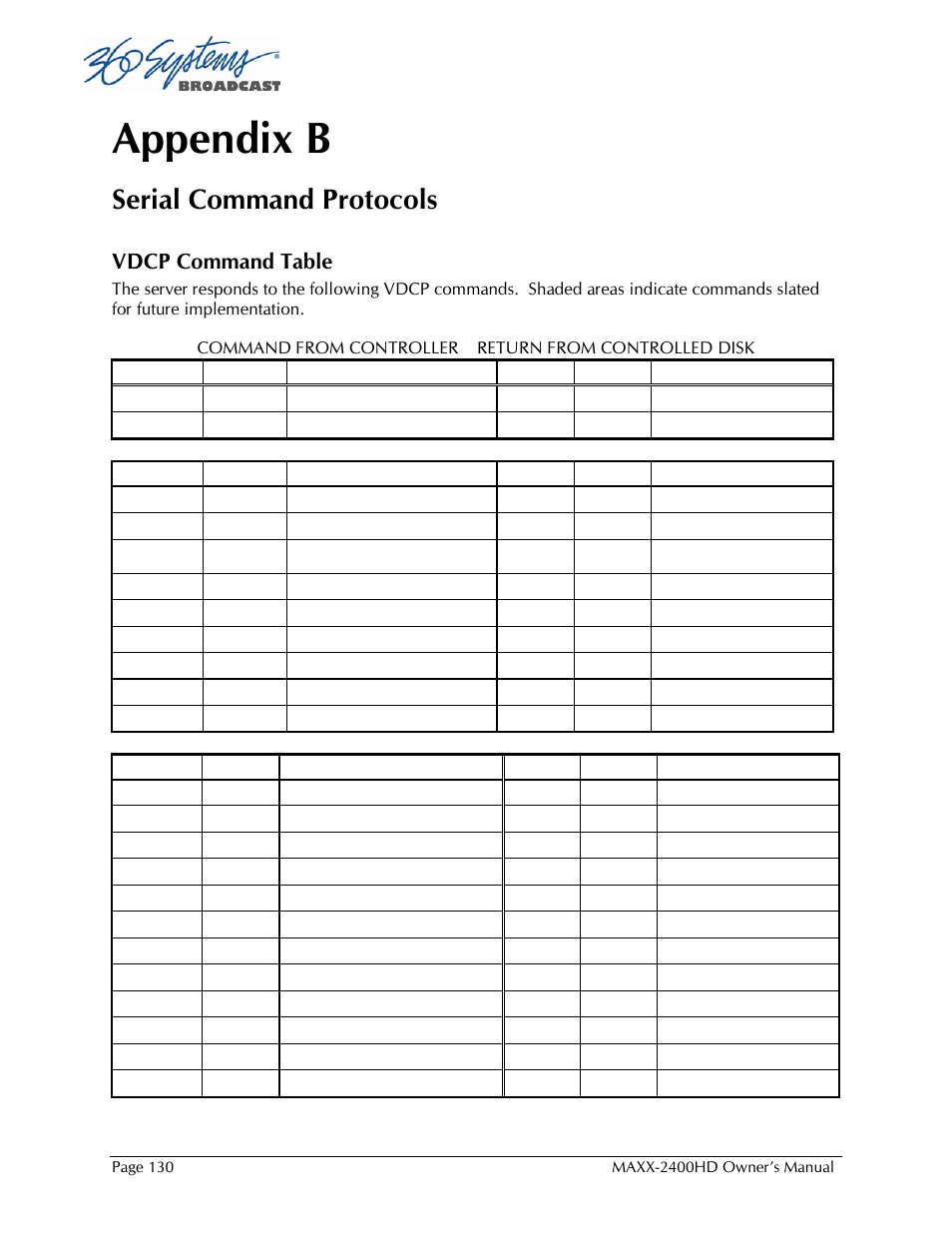 Appendix b, Serial command protocols, Vdcp command table | 360 Systems MAXX2400HD User Manual | Page 131 / 148