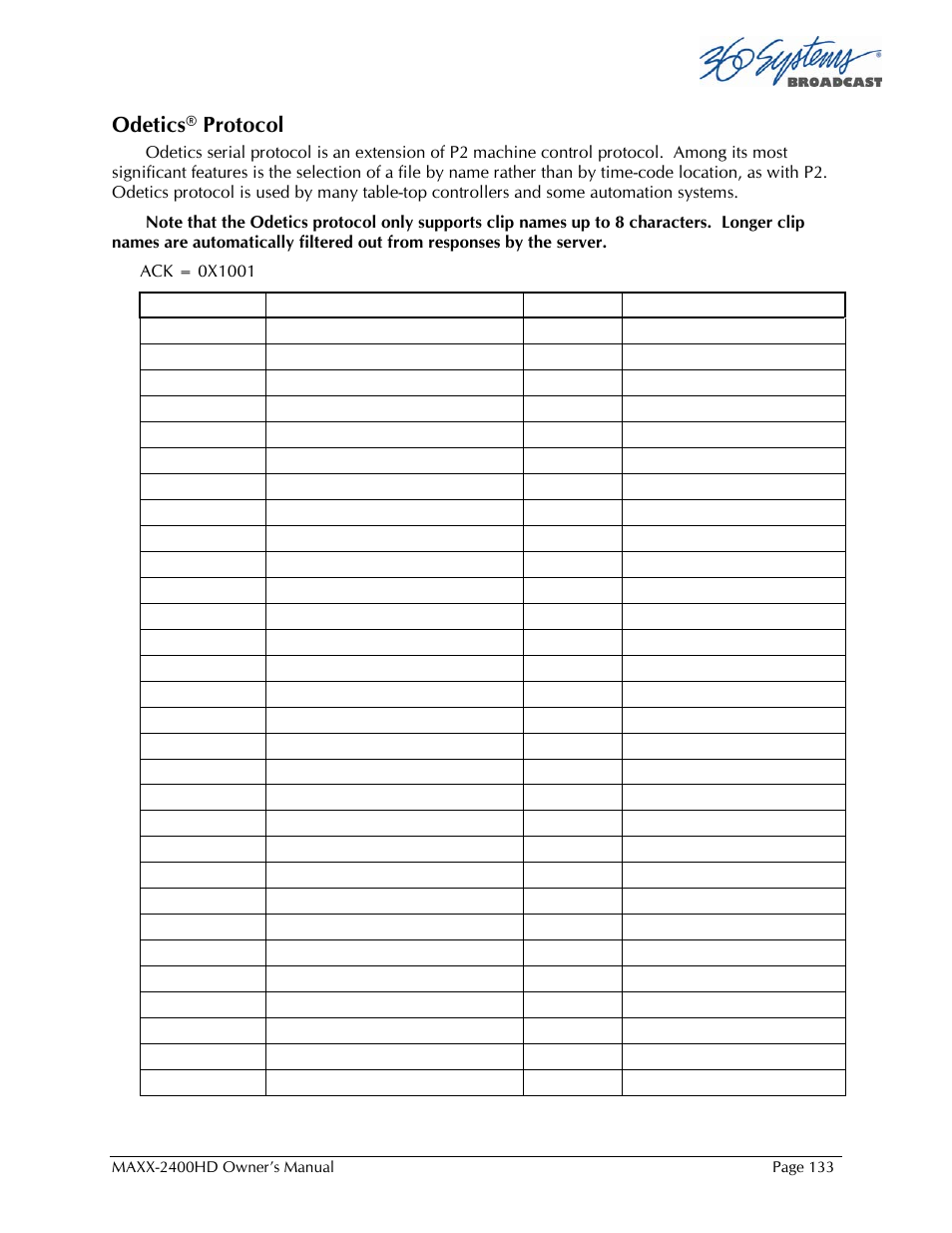 Odetics ® protocol | 360 Systems MAXX2400HD User Manual | Page 134 / 148