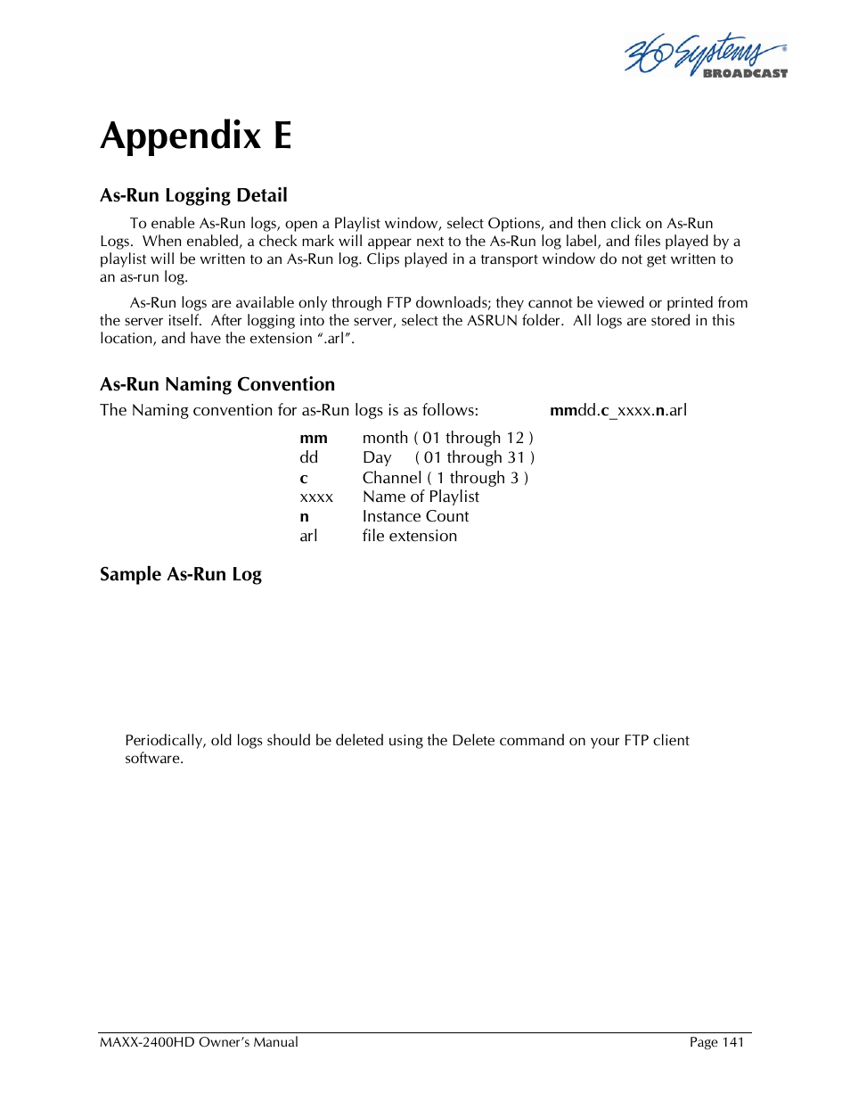 Appendix e | 360 Systems MAXX2400HD User Manual | Page 142 / 148