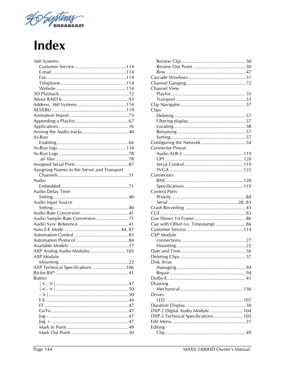 Index | 360 Systems MAXX2400HD User Manual | Page 145 / 148