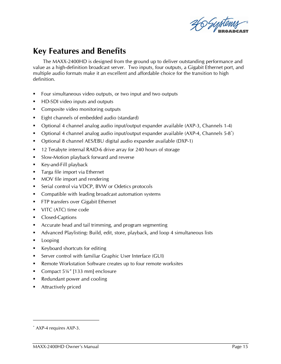 Key features and benefits | 360 Systems MAXX2400HD User Manual | Page 16 / 148