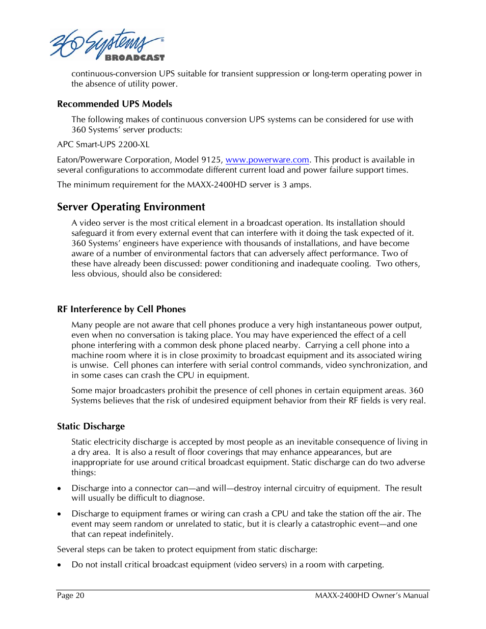 Server operating environment | 360 Systems MAXX2400HD User Manual | Page 21 / 148