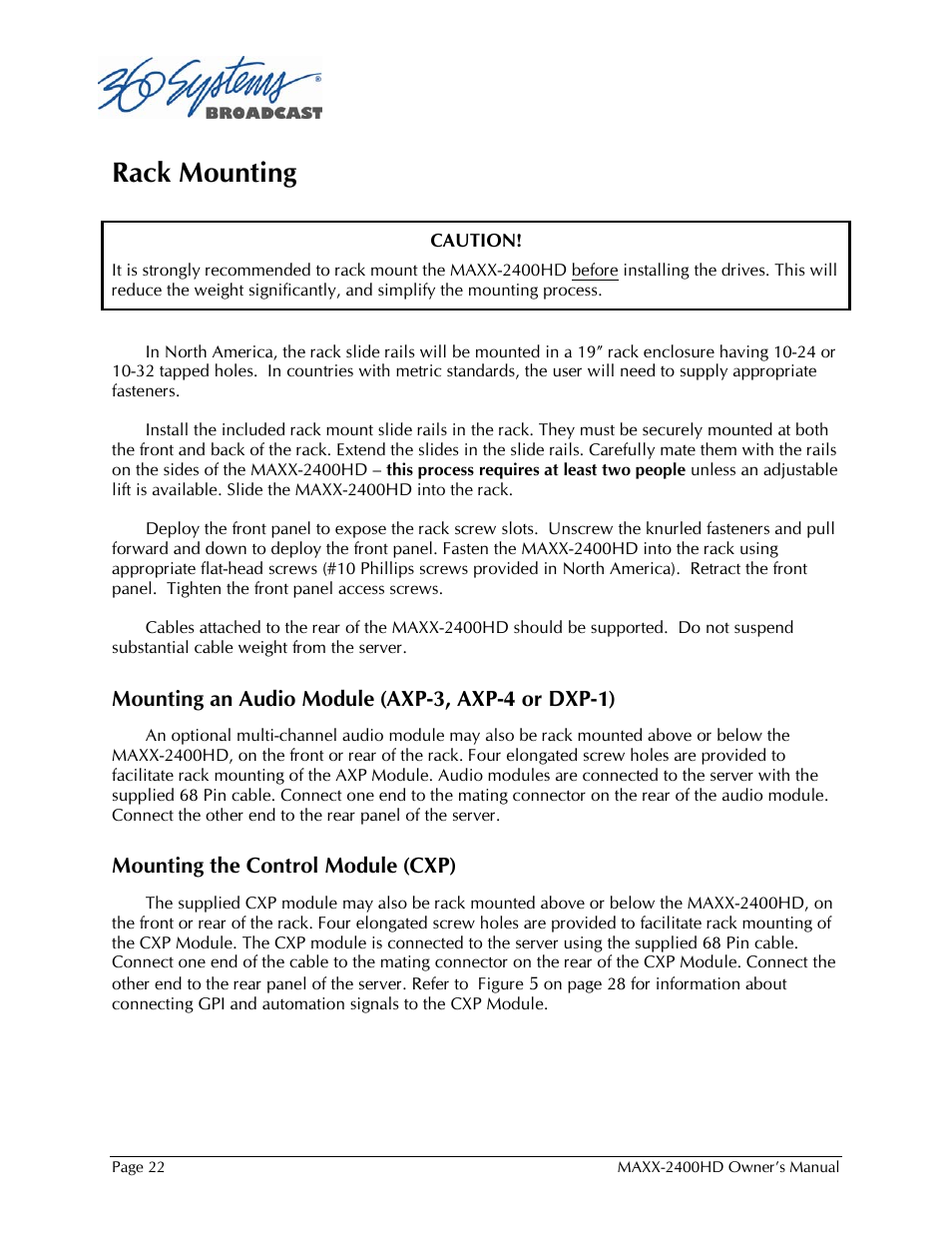 Rack mounting | 360 Systems MAXX2400HD User Manual | Page 23 / 148