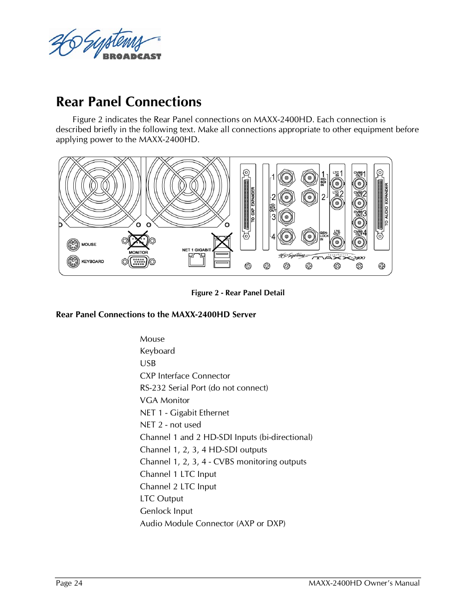 Rear panel connections | 360 Systems MAXX2400HD User Manual | Page 25 / 148