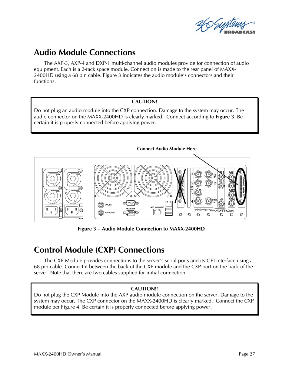 Audio module connections, Control module (cxp) connections | 360 Systems MAXX2400HD User Manual | Page 28 / 148