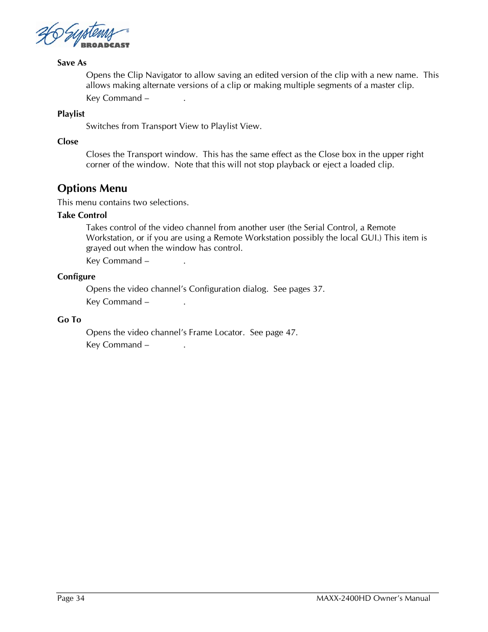 Options menu | 360 Systems MAXX2400HD User Manual | Page 35 / 148