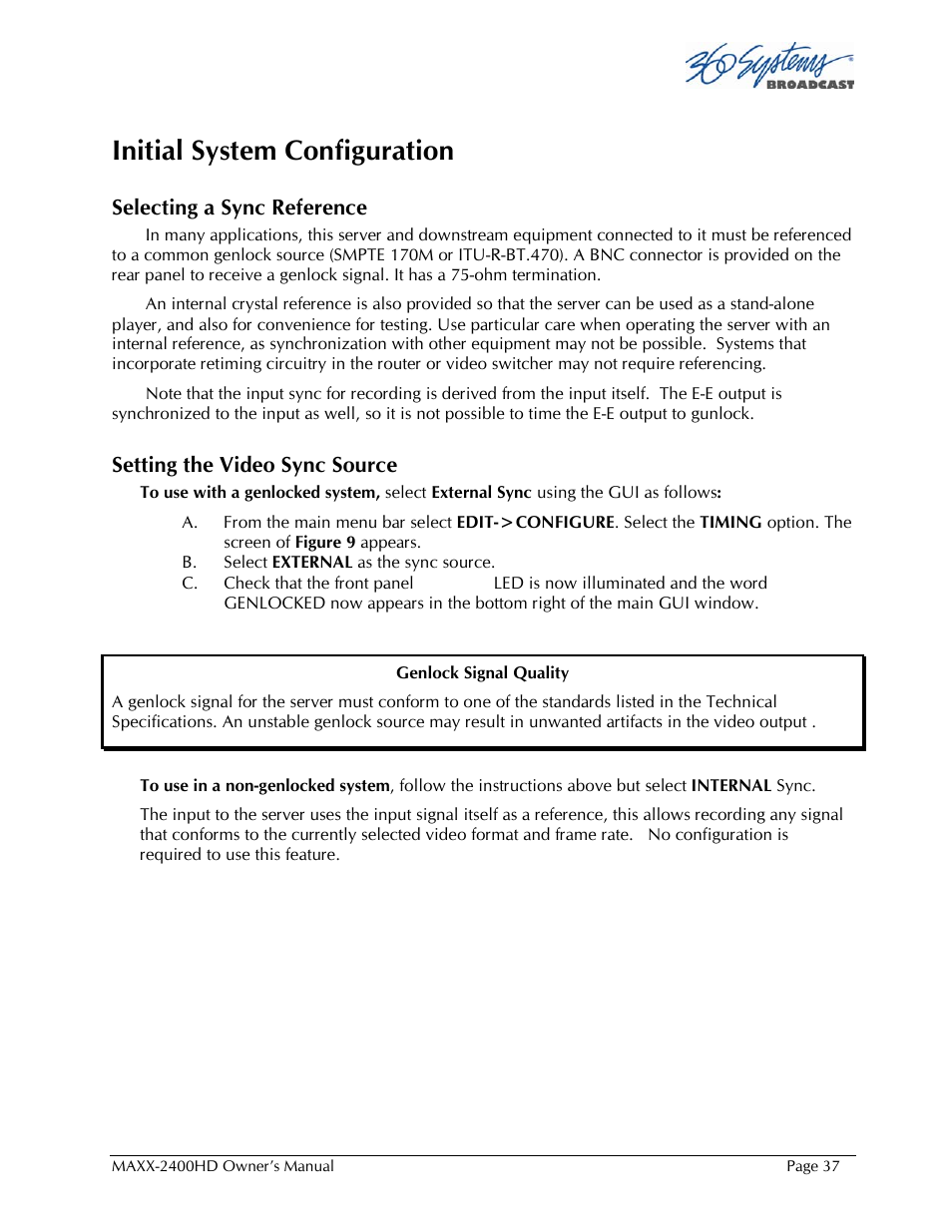 Initial system configuration | 360 Systems MAXX2400HD User Manual | Page 38 / 148