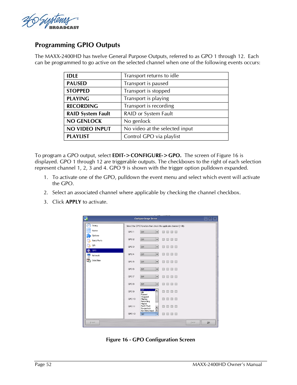 Programming gpio outputs | 360 Systems MAXX2400HD User Manual | Page 53 / 148