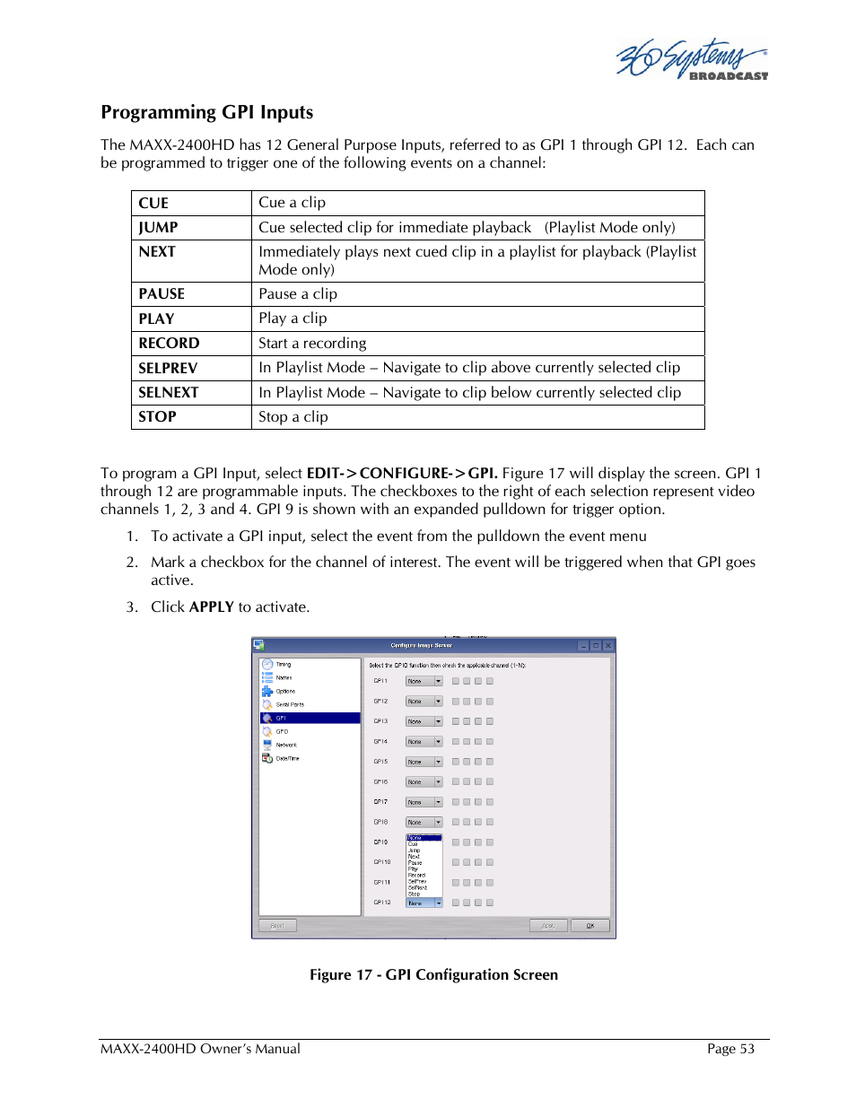 Programming gpi inputs | 360 Systems MAXX2400HD User Manual | Page 54 / 148