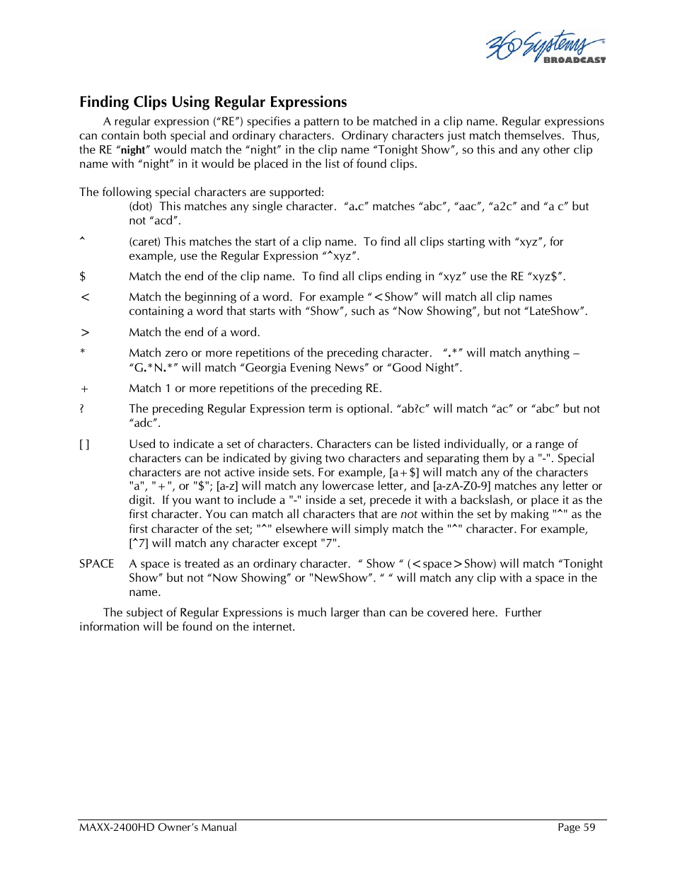 Finding clips using regular expressions | 360 Systems MAXX2400HD User Manual | Page 60 / 148