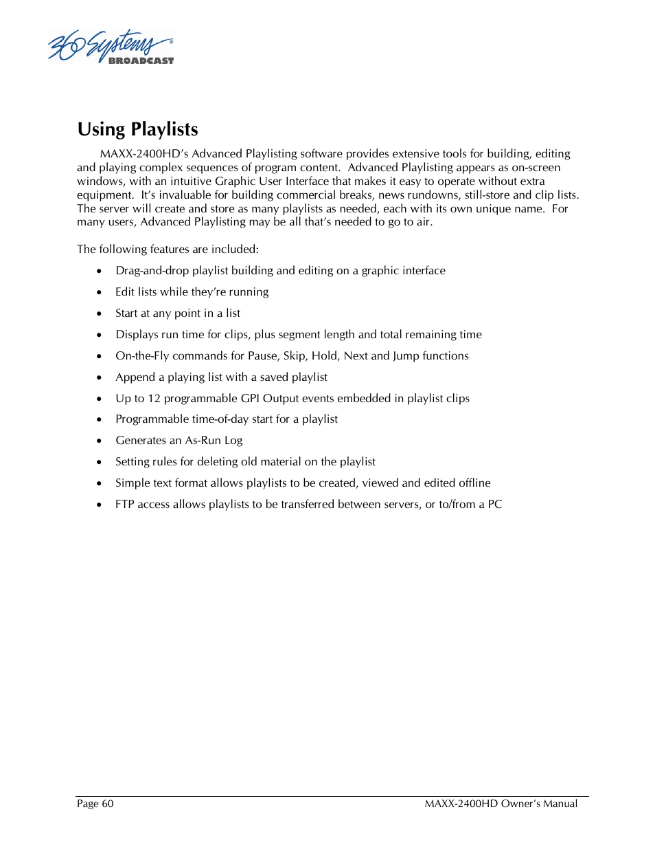 Using playlists | 360 Systems MAXX2400HD User Manual | Page 61 / 148