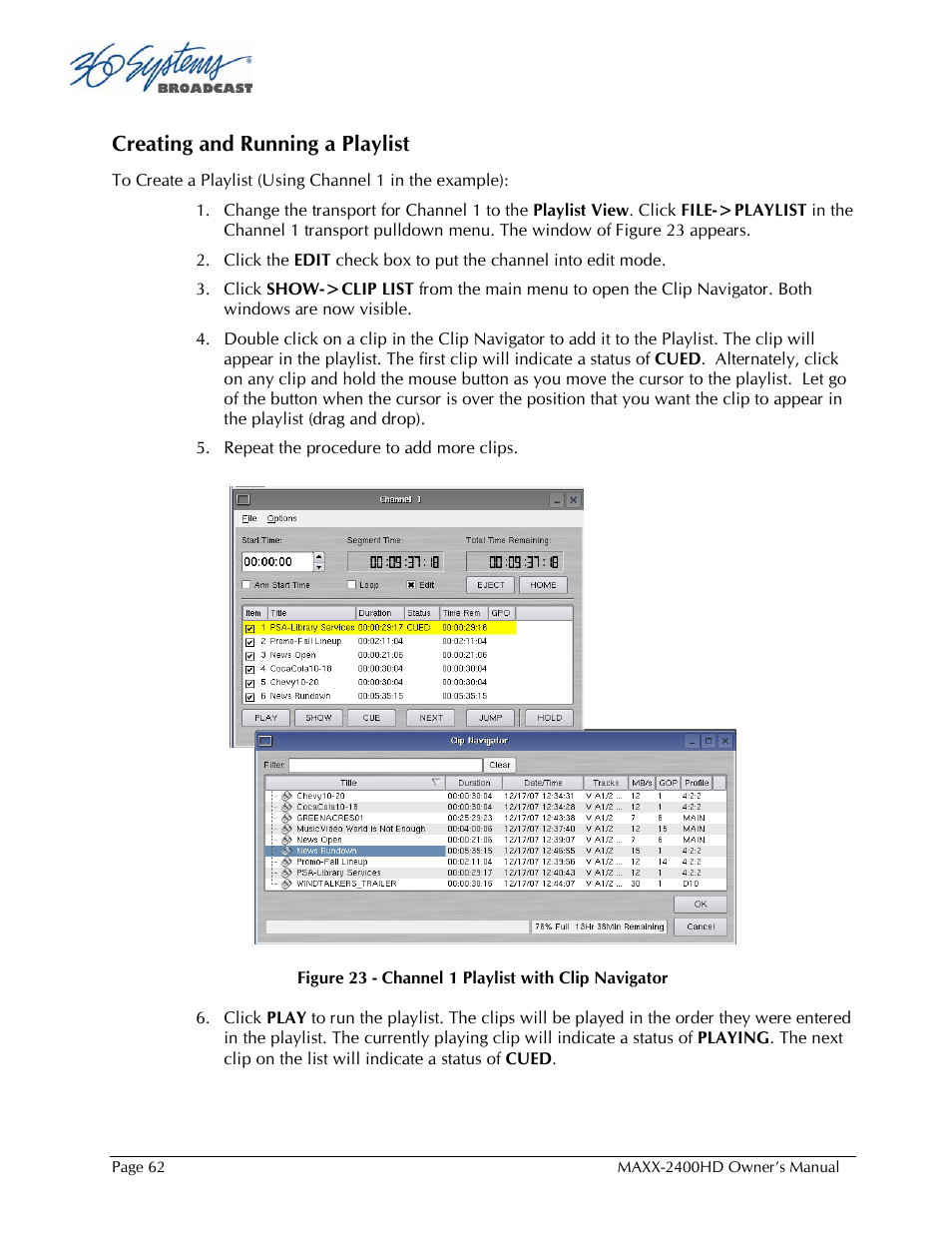 Creating and running a playlist | 360 Systems MAXX2400HD User Manual | Page 63 / 148