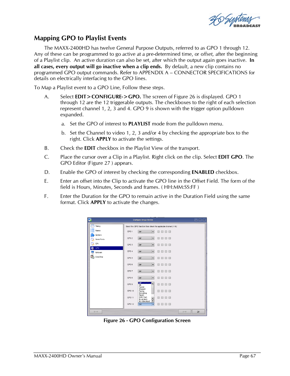 Mapping gpo to playlist events | 360 Systems MAXX2400HD User Manual | Page 68 / 148