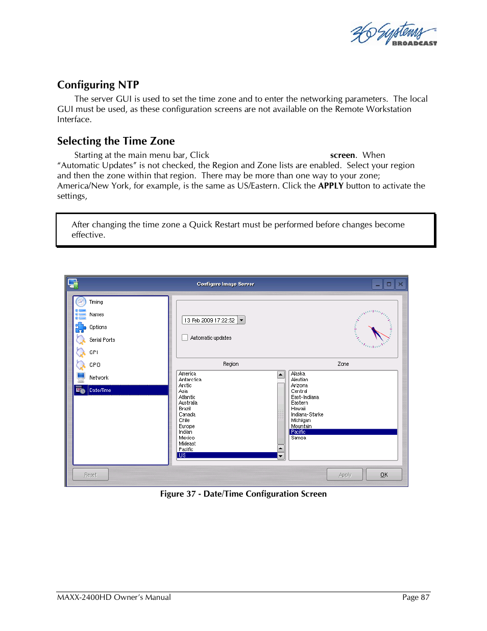 Configuring ntp, Selecting the time zone | 360 Systems MAXX2400HD User Manual | Page 88 / 148