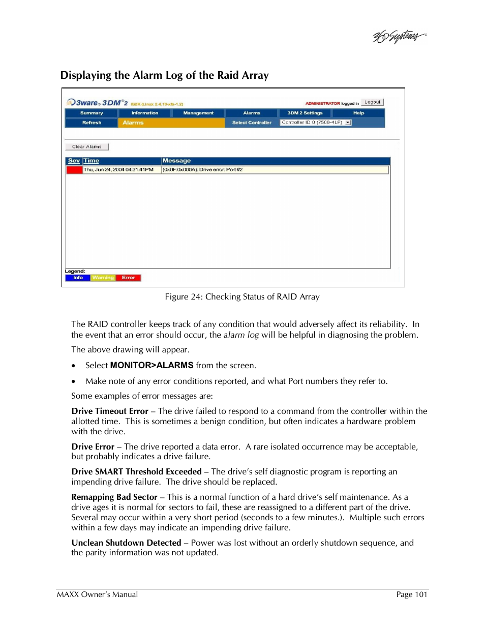 Displaying the alarm log of the raid array | 360 Systems MAXX-1000SD User Manual | Page 101 / 143