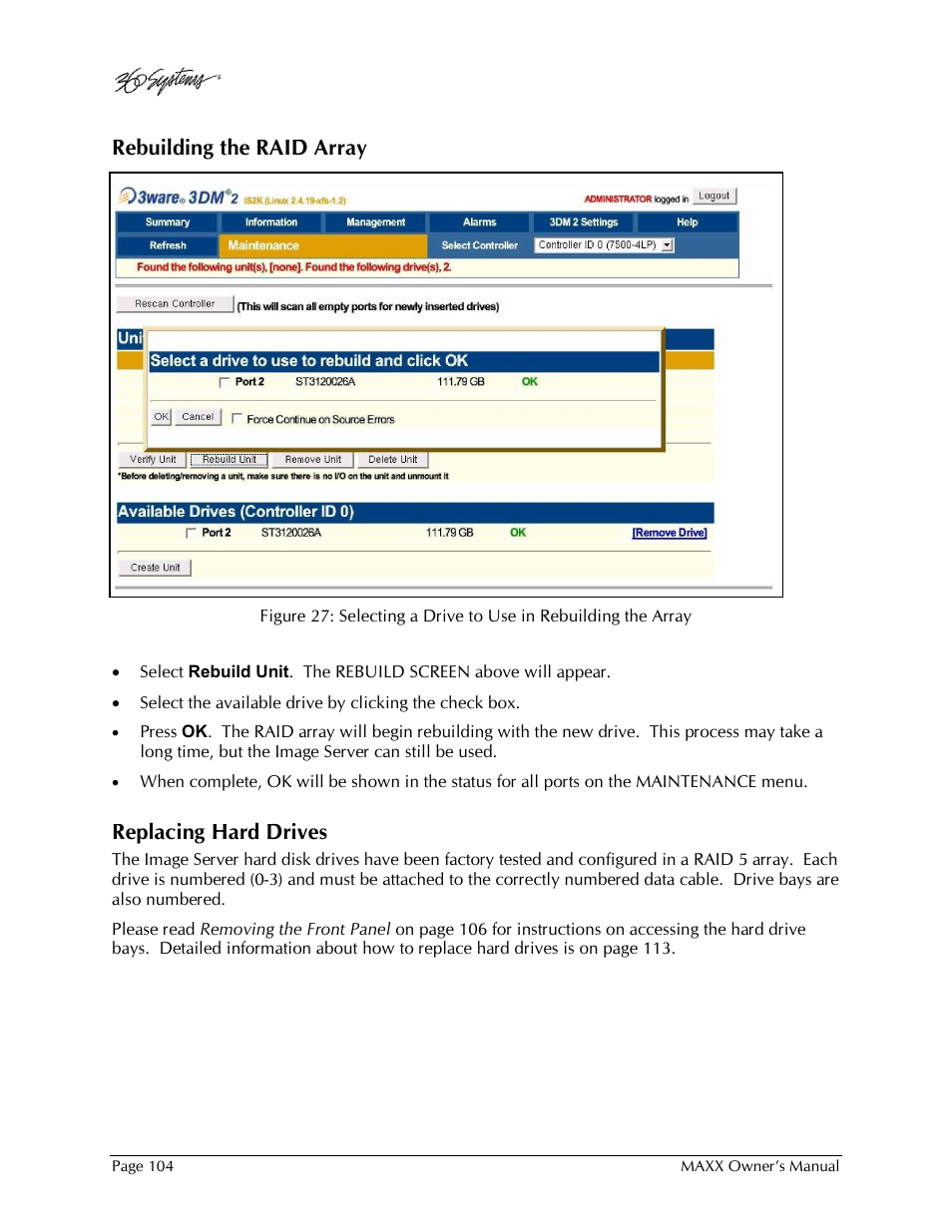 Rebuilding the raid array, Replacing hard drives | 360 Systems MAXX-1000SD User Manual | Page 104 / 143