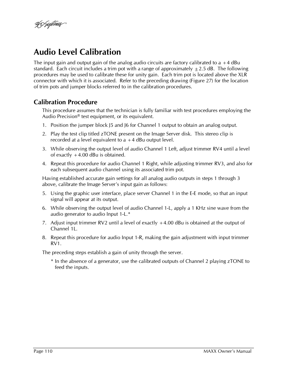 Audio level calibration, Calibration procedure | 360 Systems MAXX-1000SD User Manual | Page 110 / 143