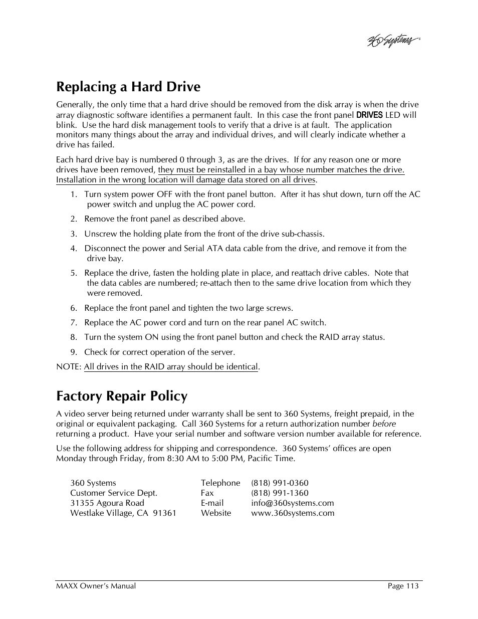 Replacing a hard drive, Factory repair policy | 360 Systems MAXX-1000SD User Manual | Page 113 / 143