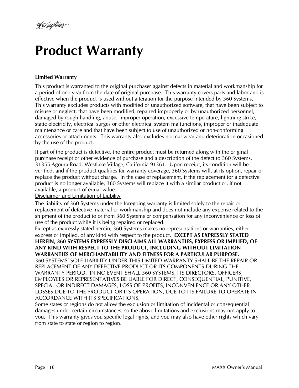 Product warranty | 360 Systems MAXX-1000SD User Manual | Page 116 / 143