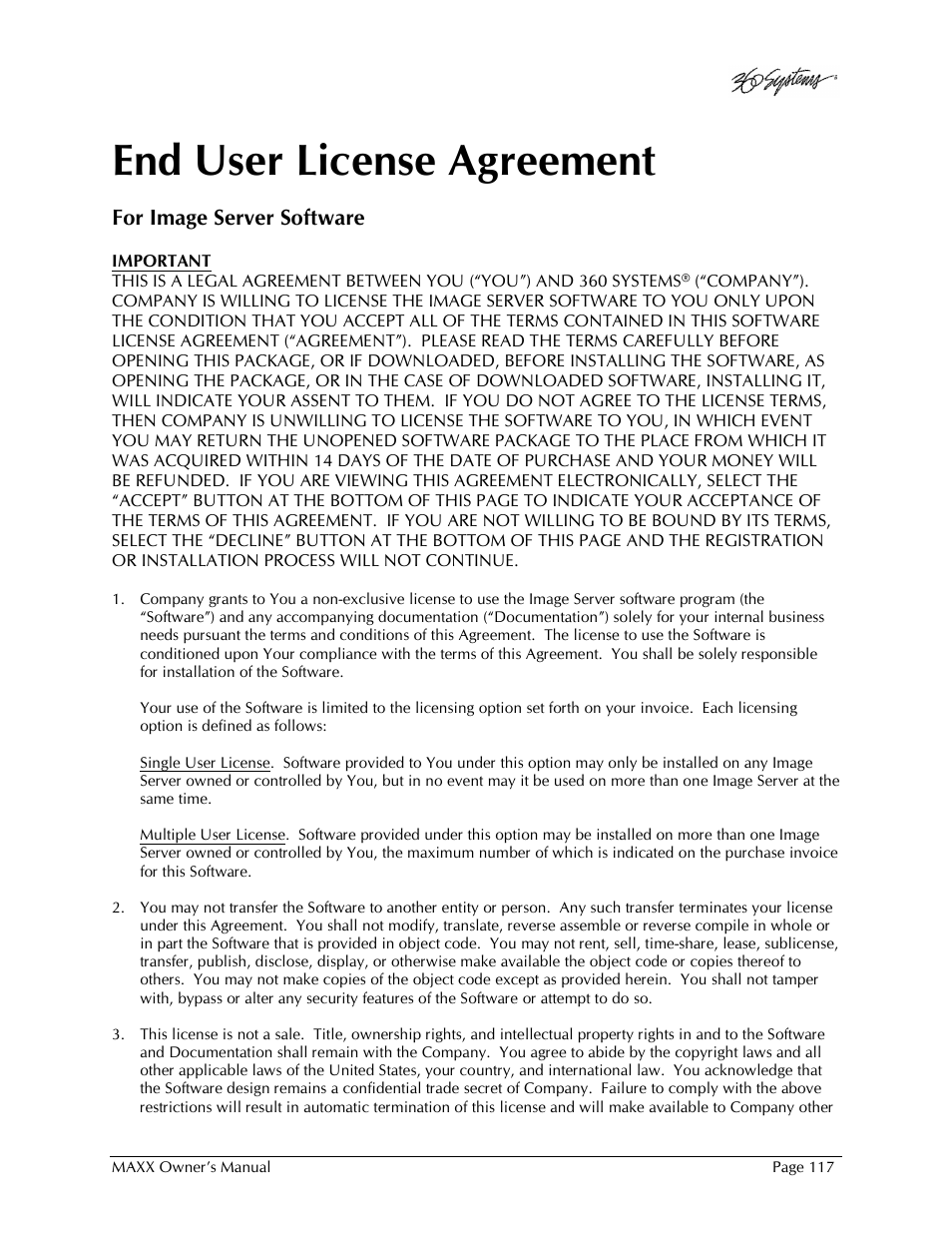 End user license agreement | 360 Systems MAXX-1000SD User Manual | Page 117 / 143