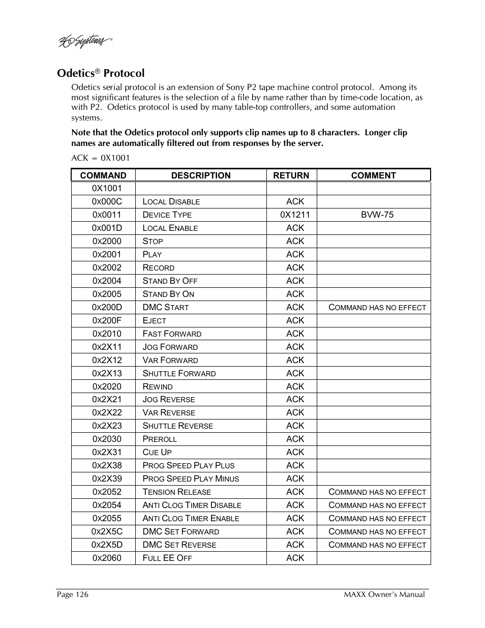 Odetics® protocol | 360 Systems MAXX-1000SD User Manual | Page 126 / 143