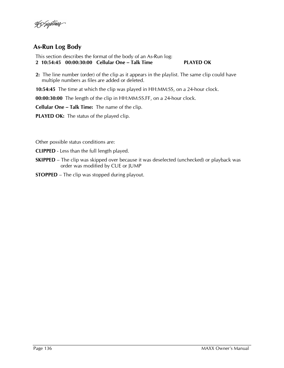 As-run log body | 360 Systems MAXX-1000SD User Manual | Page 136 / 143