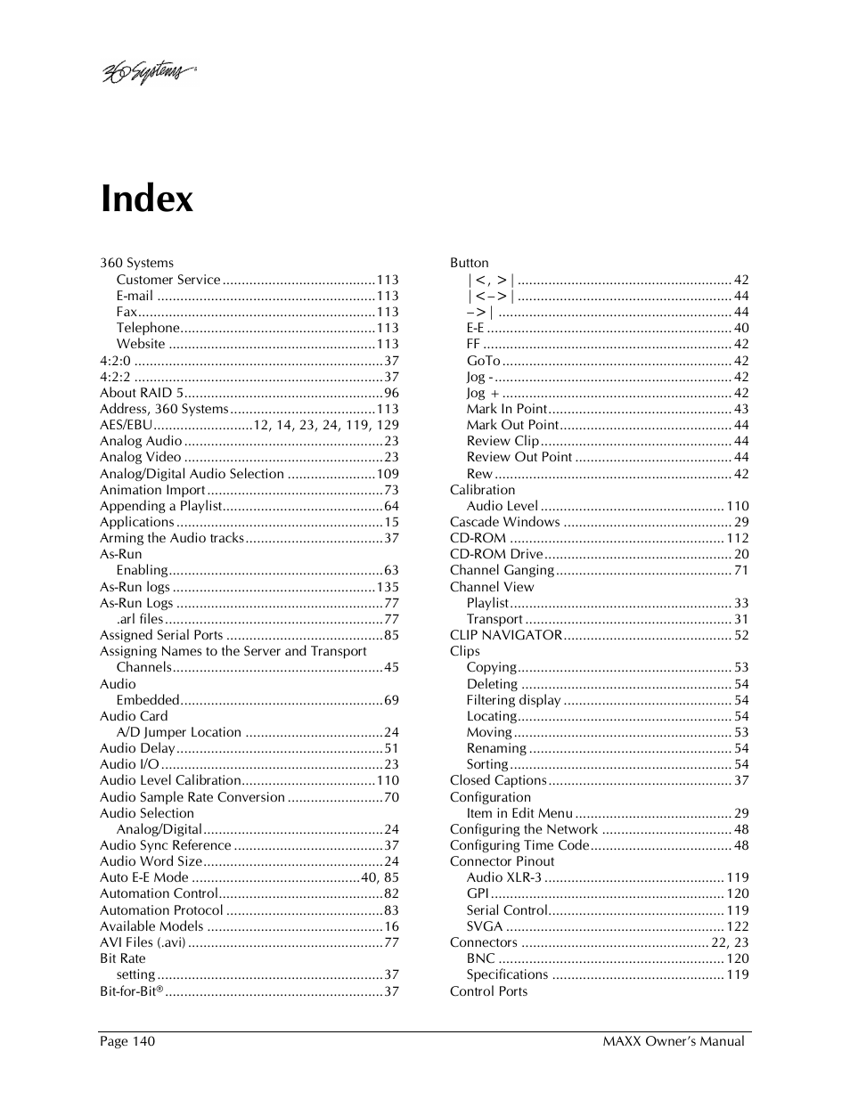 Index | 360 Systems MAXX-1000SD User Manual | Page 140 / 143