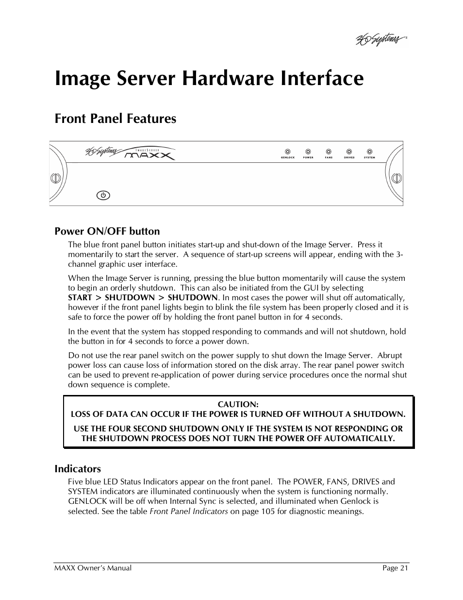 Image server hardware interface, Front panel features | 360 Systems MAXX-1000SD User Manual | Page 21 / 143