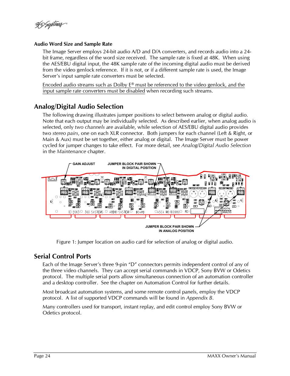 Analog/digital audio selection, Serial control ports | 360 Systems MAXX-1000SD User Manual | Page 24 / 143