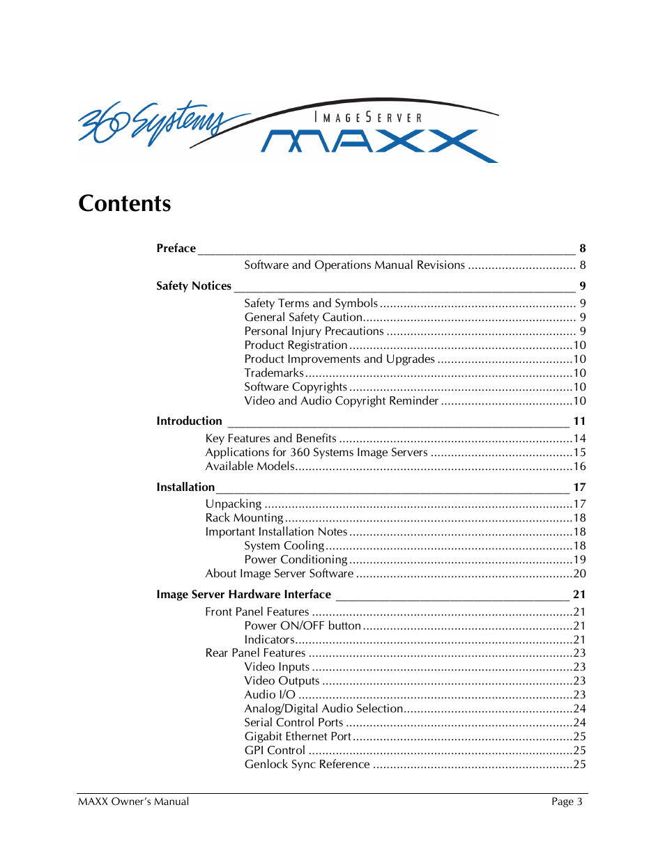 360 Systems MAXX-1000SD User Manual | Page 3 / 143