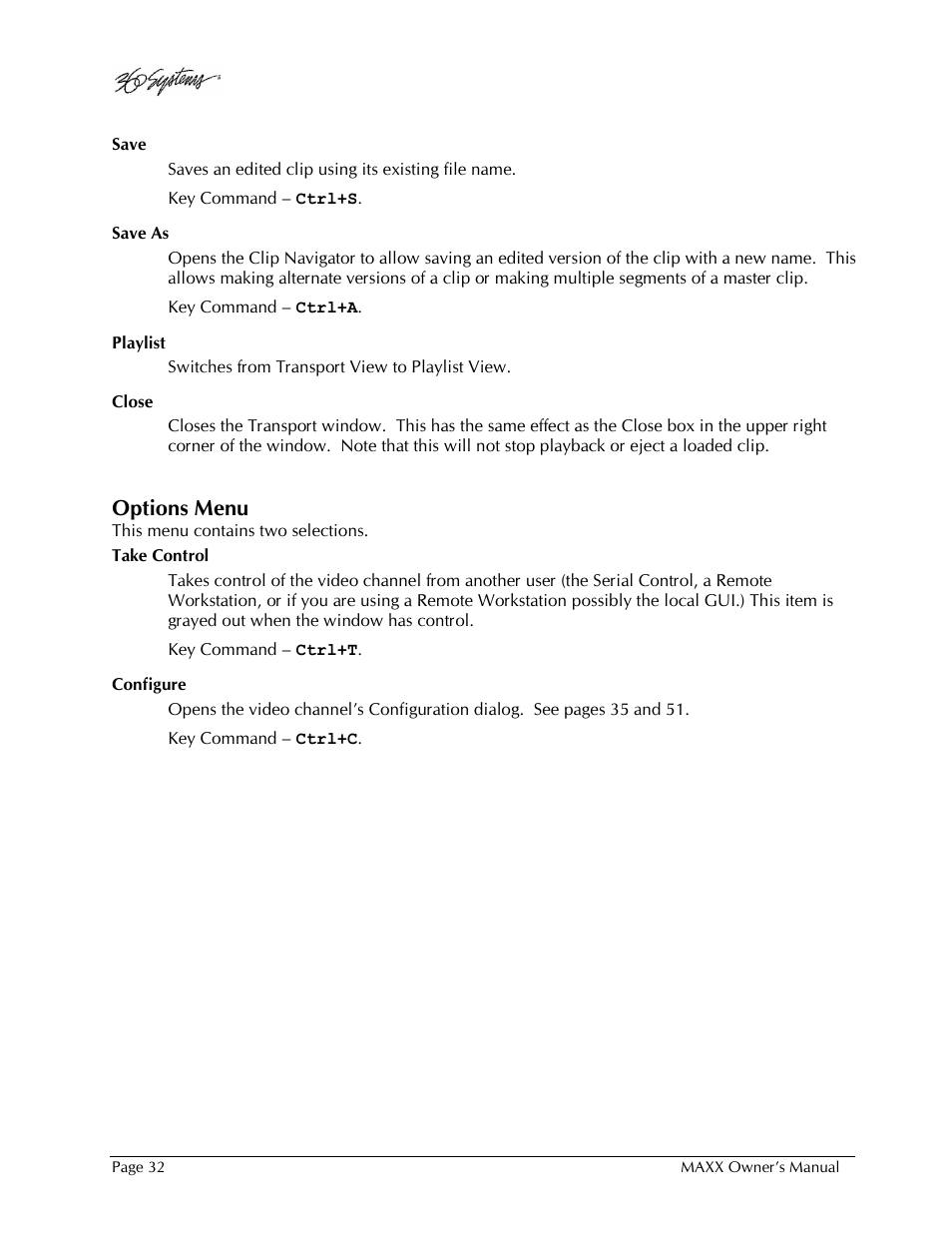 Options menu | 360 Systems MAXX-1000SD User Manual | Page 32 / 143