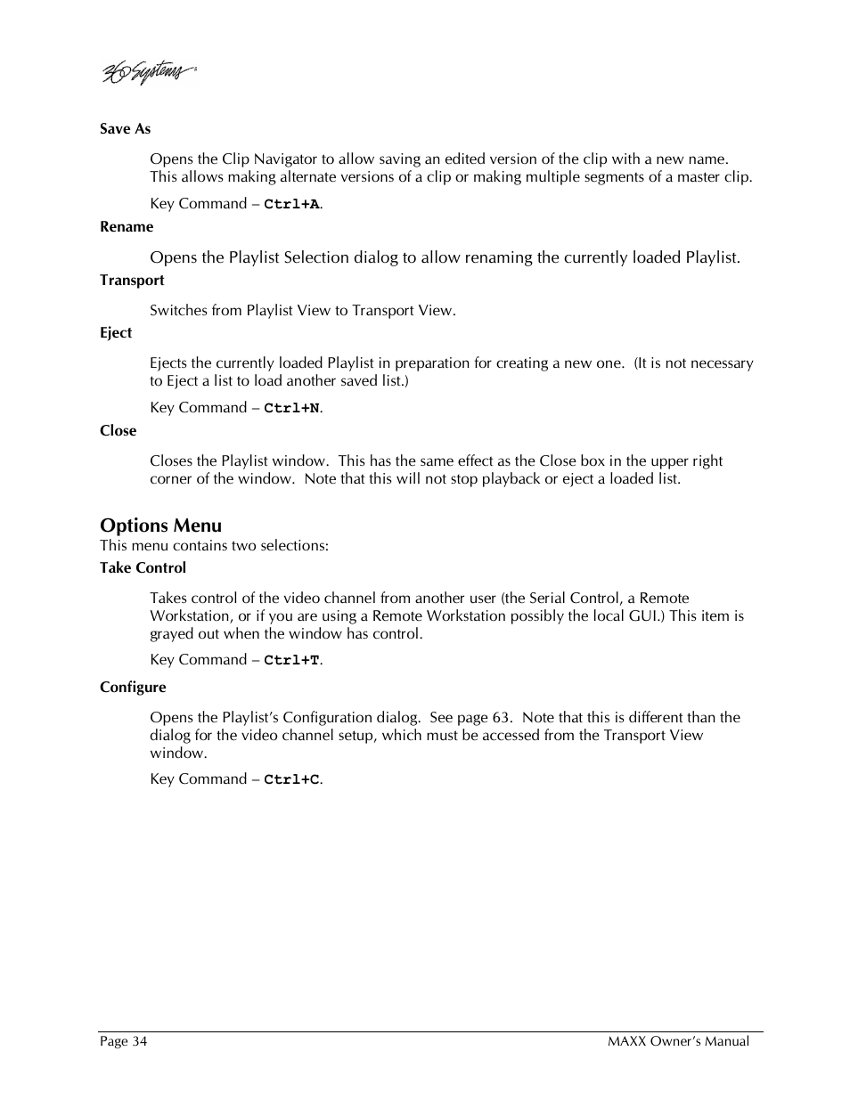 Options menu | 360 Systems MAXX-1000SD User Manual | Page 34 / 143