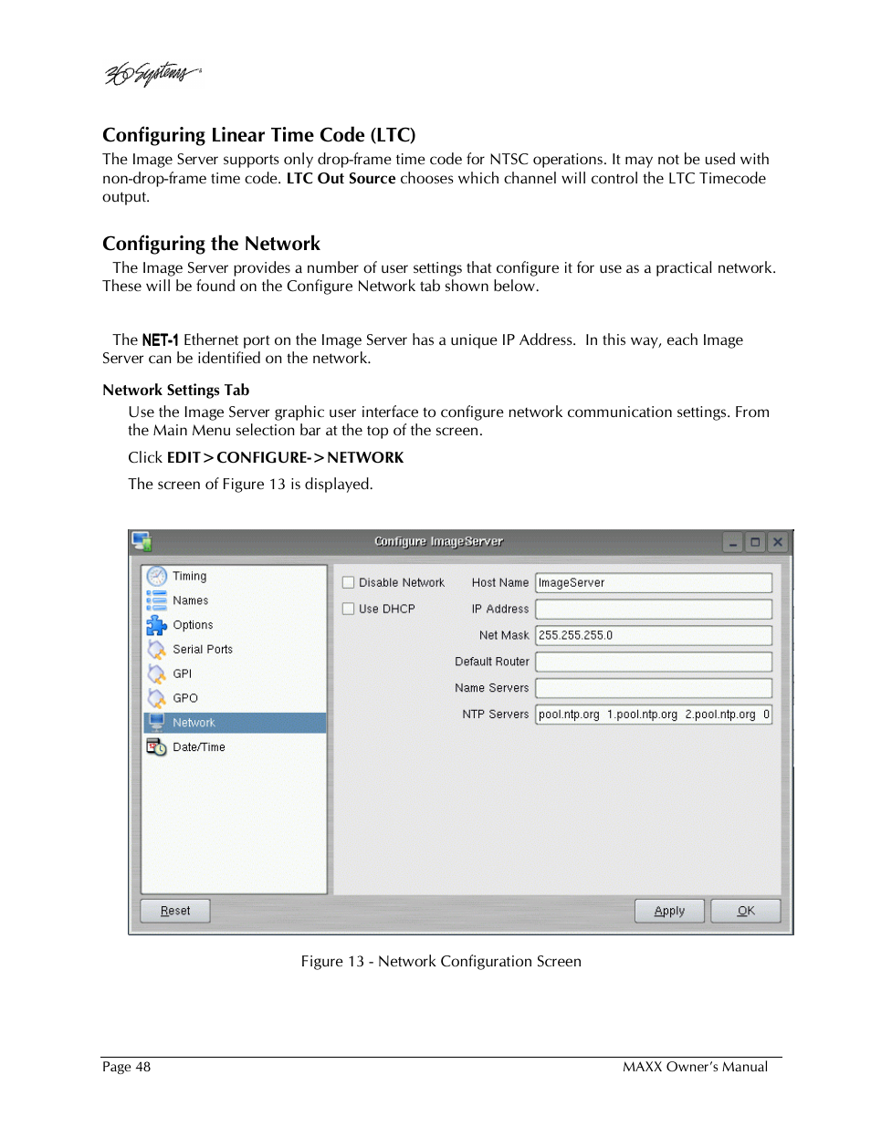 Configuring linear time code (ltc), Configuring the network | 360 Systems MAXX-1000SD User Manual | Page 48 / 143