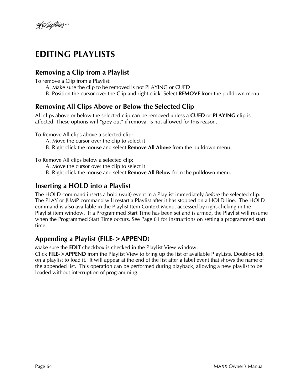 Editing playlists | 360 Systems MAXX-1000SD User Manual | Page 64 / 143