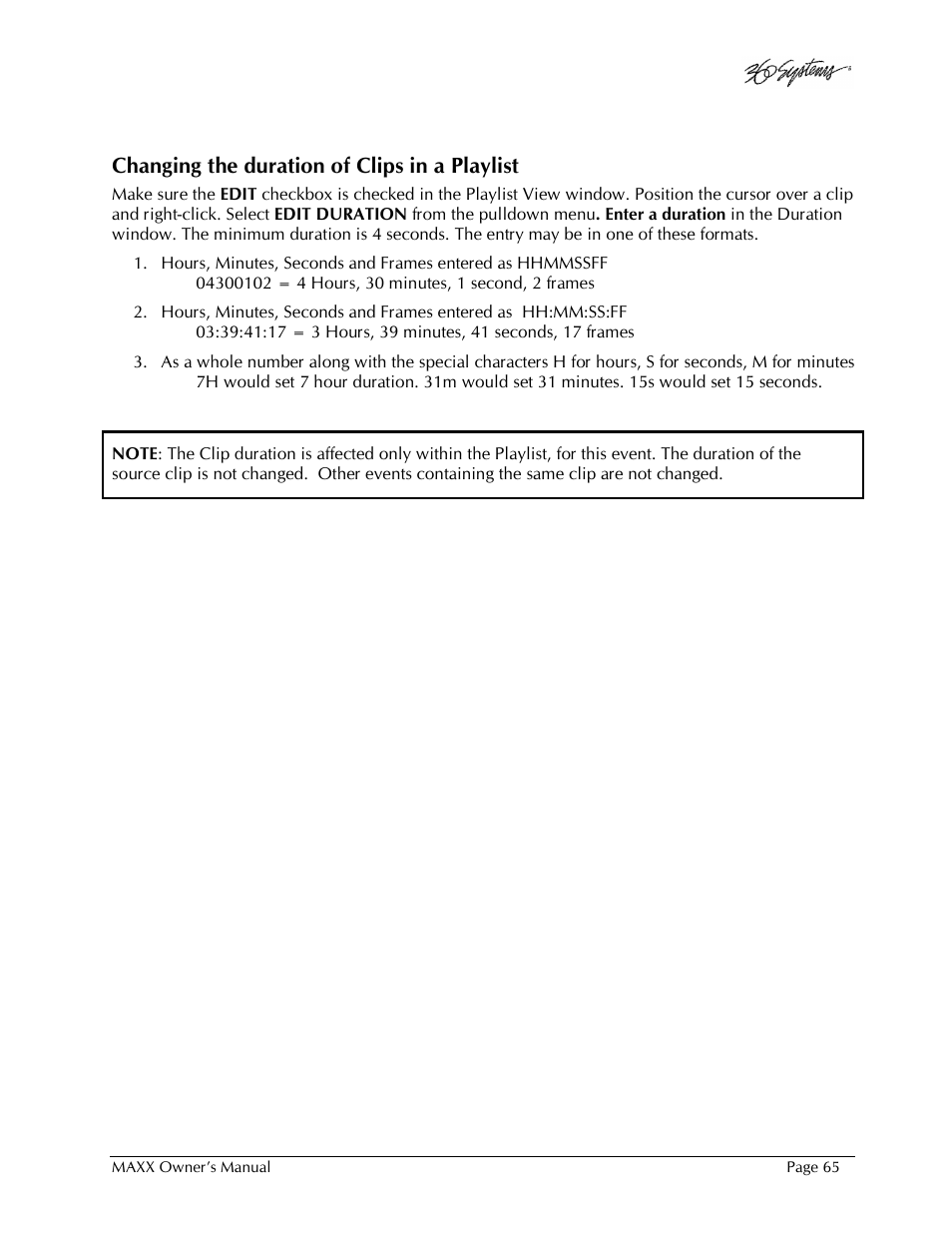 Changing the duration of clips in a playlist | 360 Systems MAXX-1000SD User Manual | Page 65 / 143
