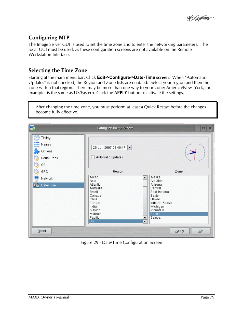 Configuring ntp, Selecting the time zone | 360 Systems MAXX-1000SD User Manual | Page 79 / 143