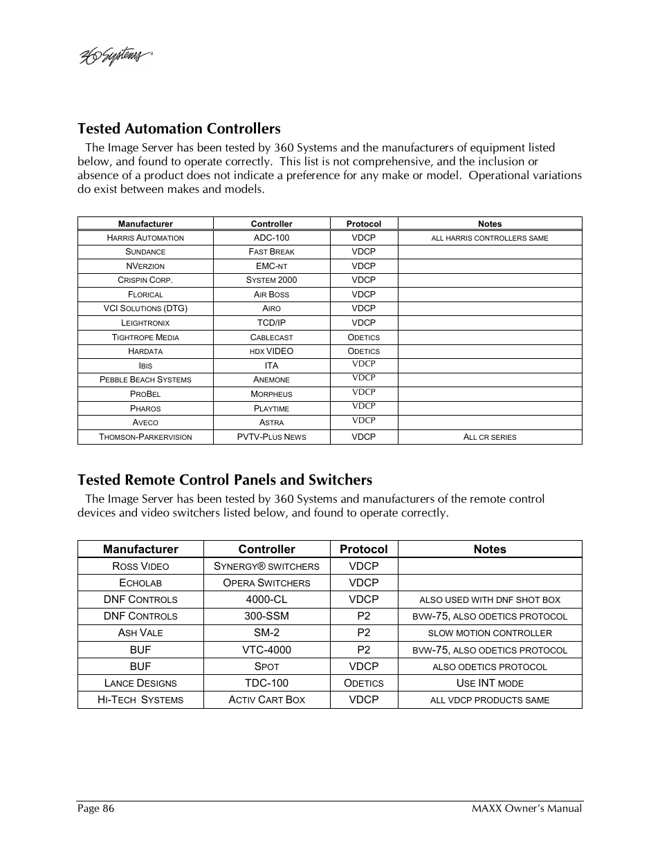 Tested automation controllers, Tested remote control panels and switchers | 360 Systems MAXX-1000SD User Manual | Page 86 / 143