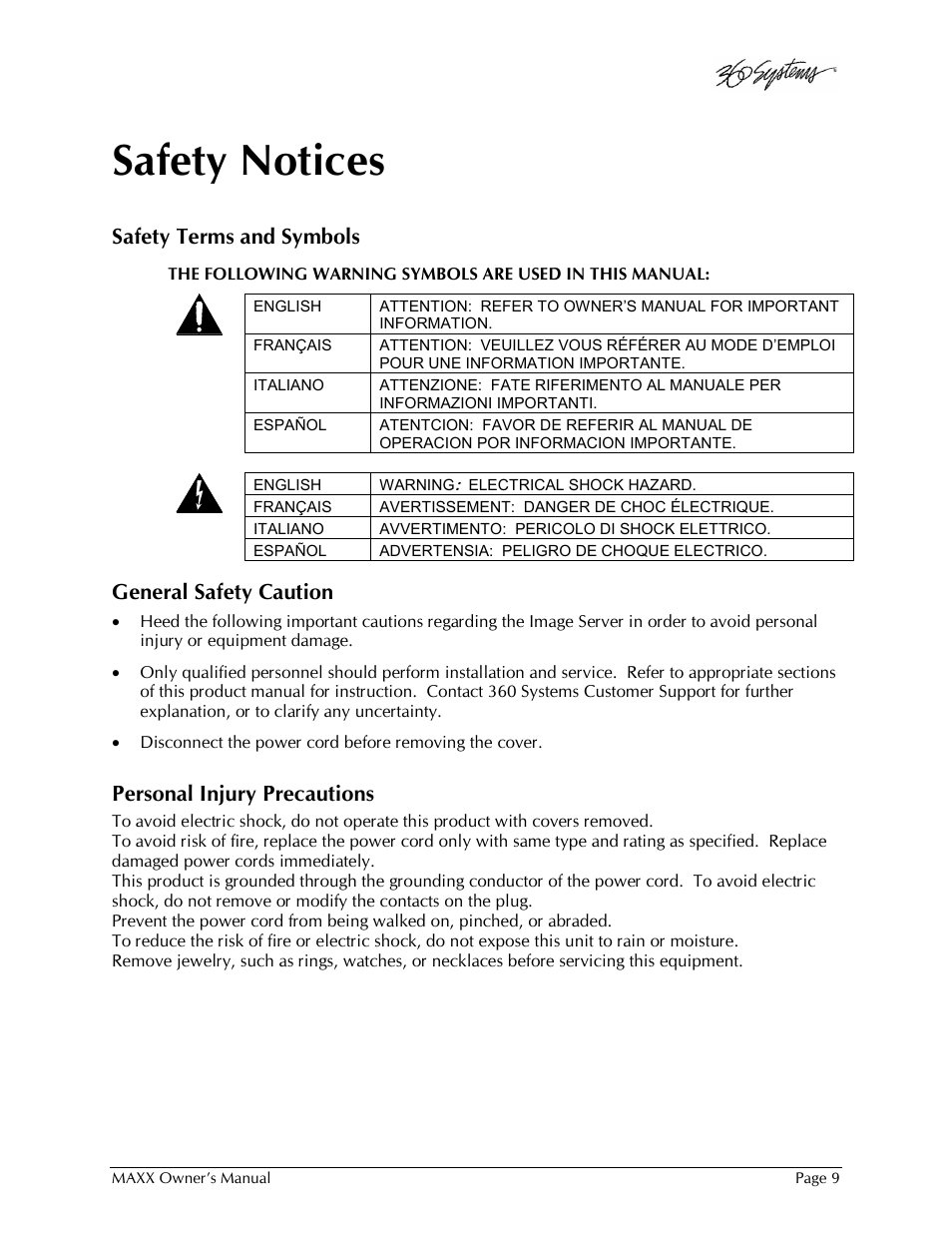 Safety notices, Safety terms and symbols, General safety caution | Personal injury precautions | 360 Systems MAXX-1000SD User Manual | Page 9 / 143