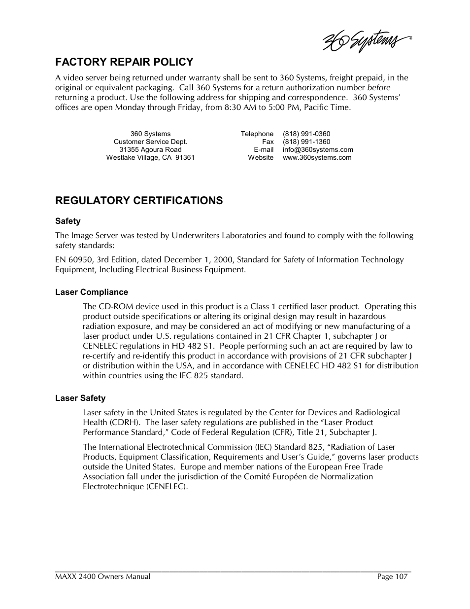 Factory repair policy, Regulatory certifications | 360 Systems MAXX-2400SD User Manual | Page 107 / 146