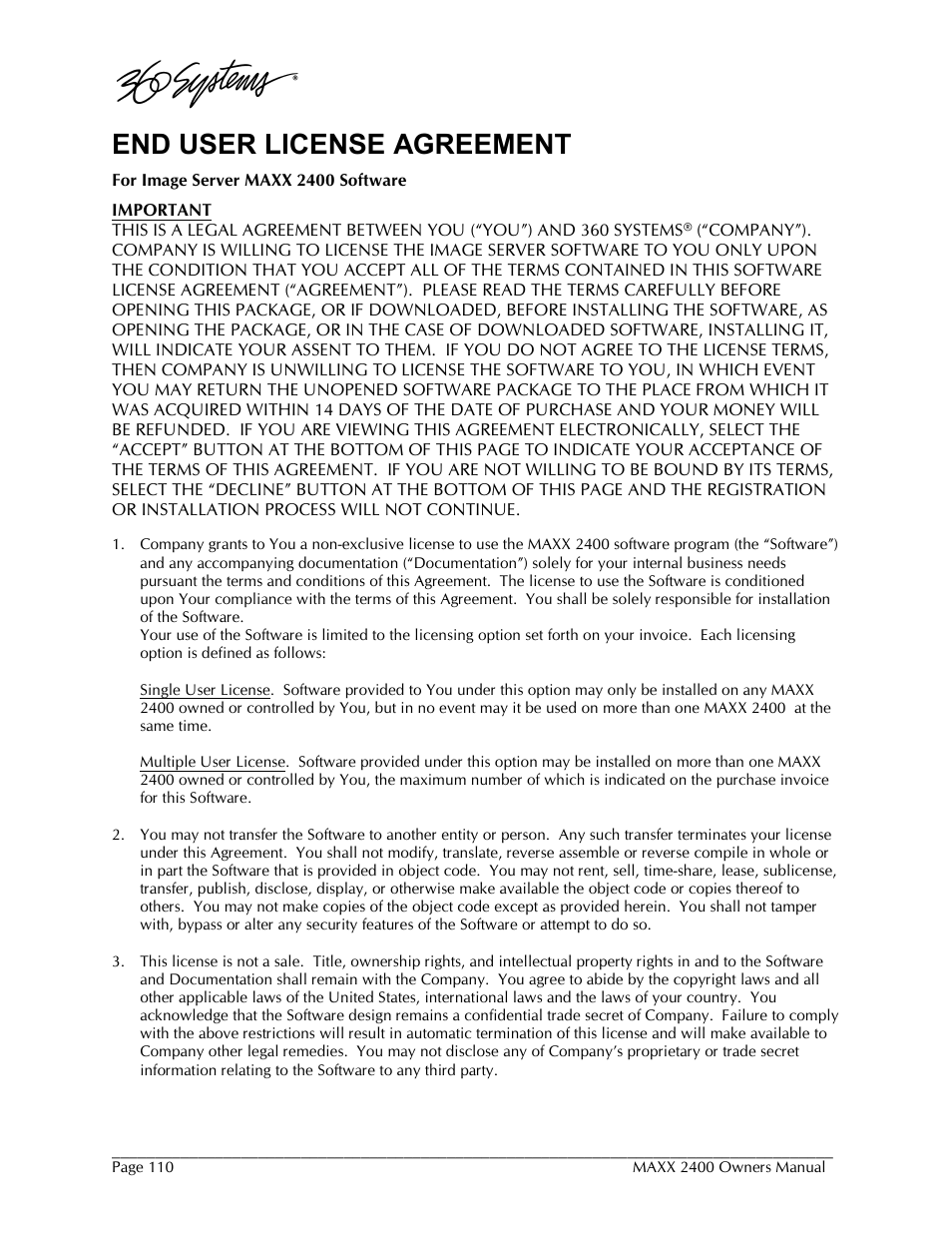 End user license agreement | 360 Systems MAXX-2400SD User Manual | Page 110 / 146