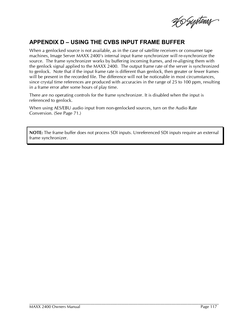 Appendix d – using the cvbs input frame buffer | 360 Systems MAXX-2400SD User Manual | Page 117 / 146