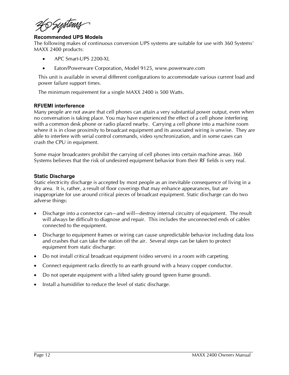 360 Systems MAXX-2400SD User Manual | Page 12 / 146