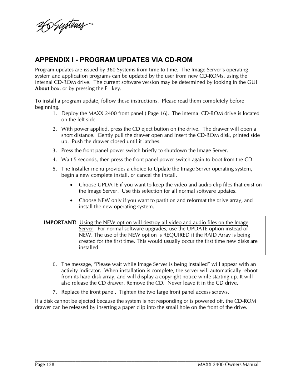Appendix i - program updates via cd-rom | 360 Systems MAXX-2400SD User Manual | Page 128 / 146
